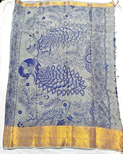 Chennuri Pure Silk Saree with Outline Kalamkari Design and Traditional Kanchi Borders
