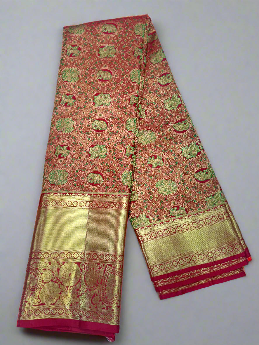 Bright Red Handloom Mulberry Silk Saree with Double Card Meenakari Motifs and Gold Zari Border