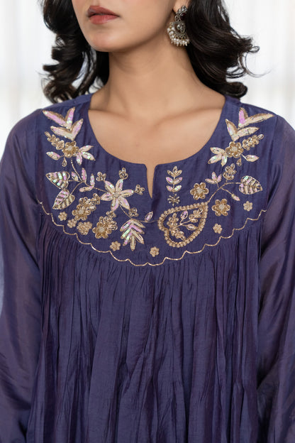 Chanderi Anarkali Kurti Pant Dupatta Set with Elegant Handwork for Women