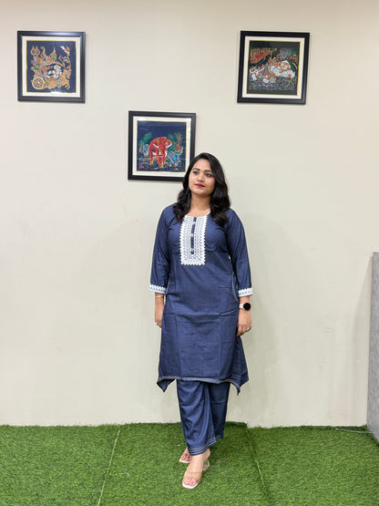 Premium Fancy Denim Co-Ord Set for Women with Thread Work – Fish-Cut Top and Pocket Pant