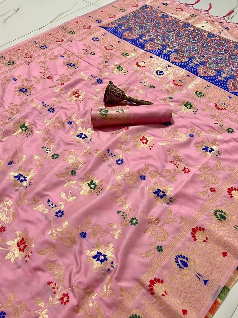 Pure Heavy Silk Saree with Zari and Minakari Weaving, Running Design Blouse with Jari Border