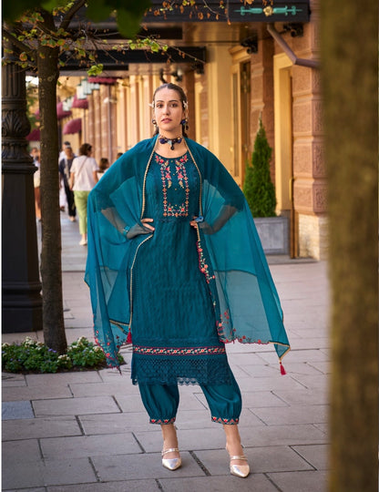 Women’s Self-Jacquard Silk 3-Piece Suit Set with Afghani Bottom and Organza Dupatta – XXL & 3XL