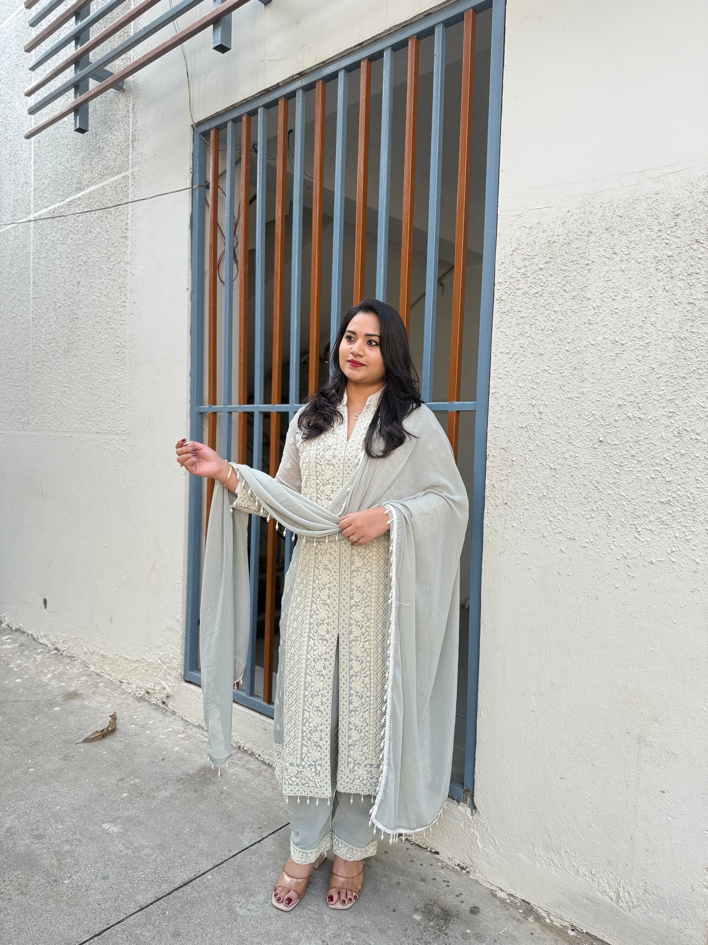 Women’s premium georgette embroidered stitched suit set with beads work and palazzo (XL)