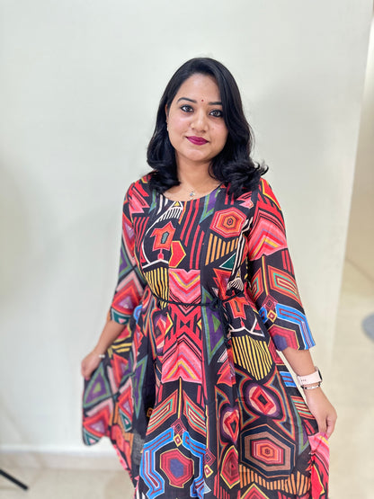 Women’s Indo-Western Cotton Linen Midi Dress with Geometric Print and Pockets – Sizes 36 to 44