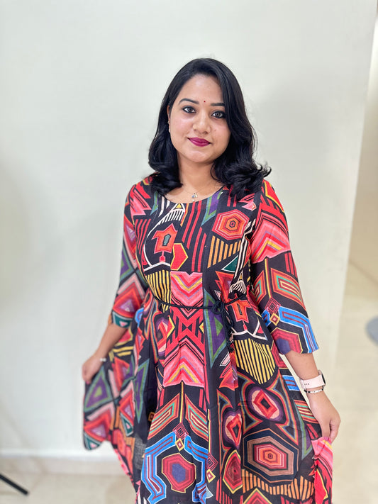 Women’s Indo-Western Cotton Linen Midi Dress with Geometric Print and Pockets – Sizes 36 to 44