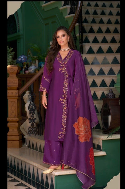 Women’s Roman Silk Angrakhha Kurti Set with Embroidery and Organza Dupatta – XL to XXL