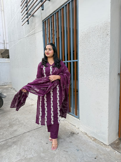 Plum Cotton Embroidered Suit Set with Dupatta – Elegant Ethnic Wear for Women