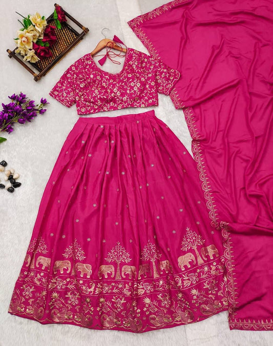 Blue and Pink Chinnon Lehenga Set with Elephant Embroidery – L to XXL Sizes