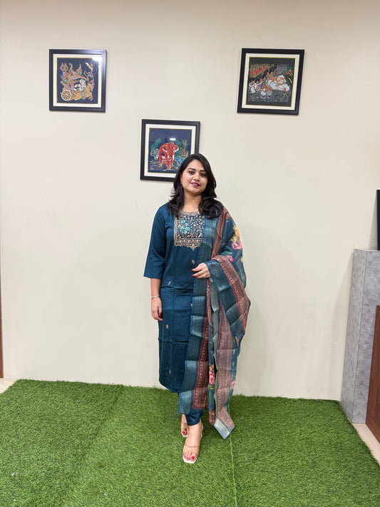 Gajji Silk Straight Suit Set with Embroidery and Organza Zari Dupatta for Women