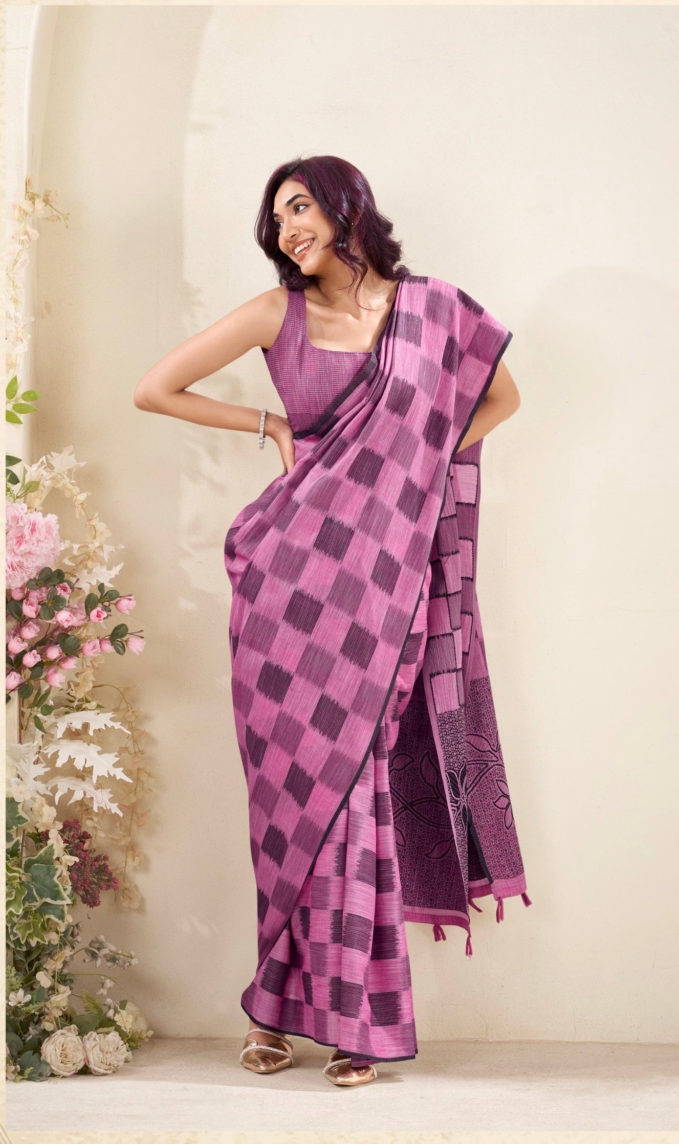linen silk saree with checked pattern and floral border – lightweight ethnic wear for women
