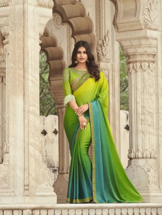 Women’s Fancy Ombre Green Saree with Contrasting Border and Blouse Piece