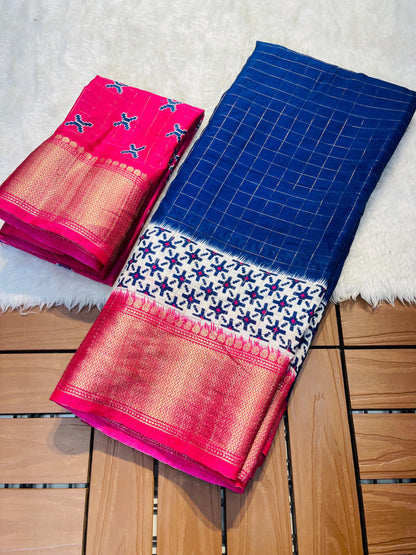 Digital Kalamkari Printed Dola Silk Saree with Gold Zari Jacquard Pattu Border – With Blouse Piece