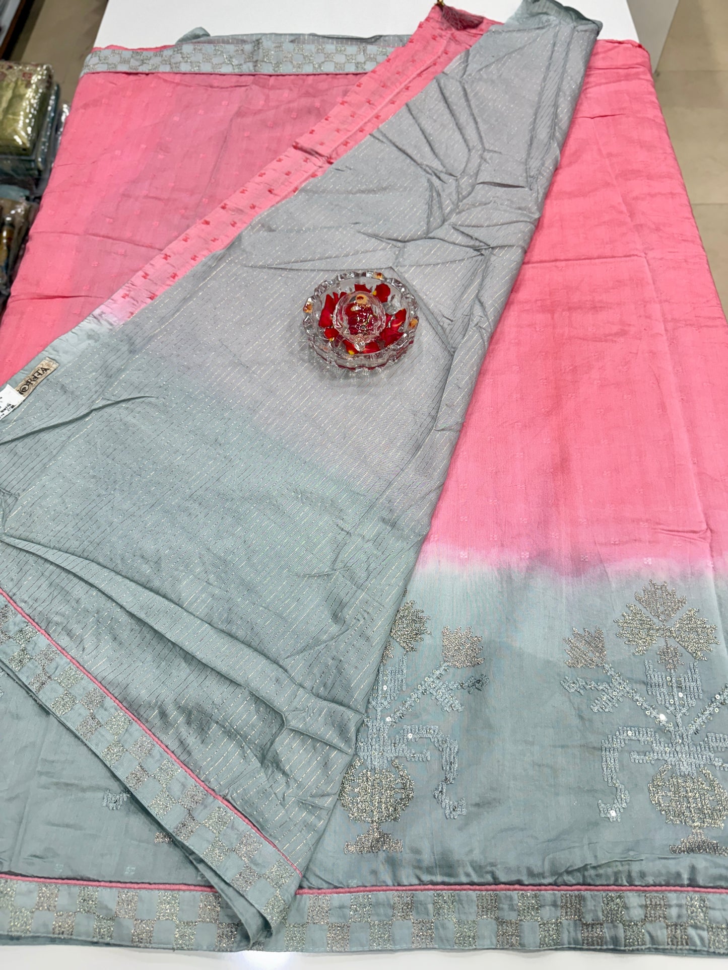 Omber shaded Silk Saree with Embroidery Lace Work, Patchwork and Art Silk Blouse