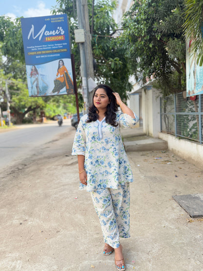 Off-White Cotton A-line Co-ord Set for Women with Yoke Embroidery and Floral Print