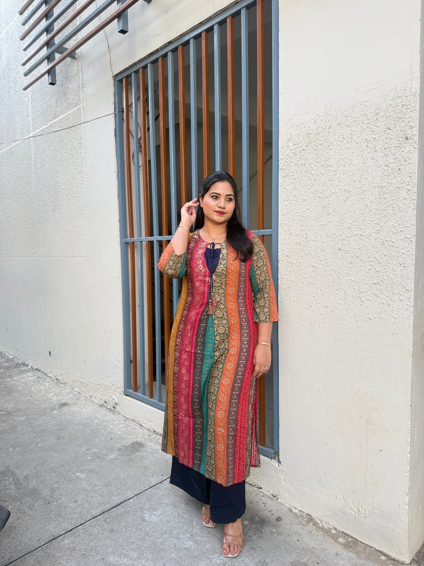 German Rayon Printed Kurta Pant Set for Women with Detailing Work – Sizes 38–46