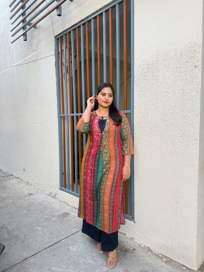 German Rayon Printed Kurta Pant Set for Women with Detailing Work – Sizes 38–46