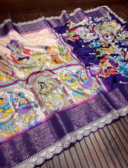 Dola Lichi Soft Silk Saree with Jacquard Jari Weaving, Pichwai Kalamkari Print and Sequins Lace Border