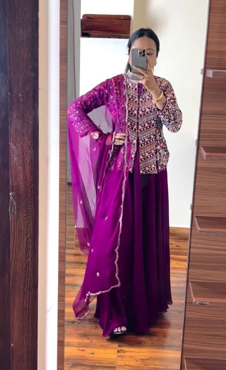 Georgette Embroidered Peplum Top with Bottom and Cutwork Dupatta for Women – Sizes S to XXL