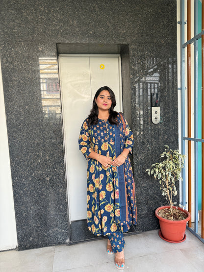 Cotton Anarkali Kurta Pant Dupatta Set with Detailing Work – M to 3XL