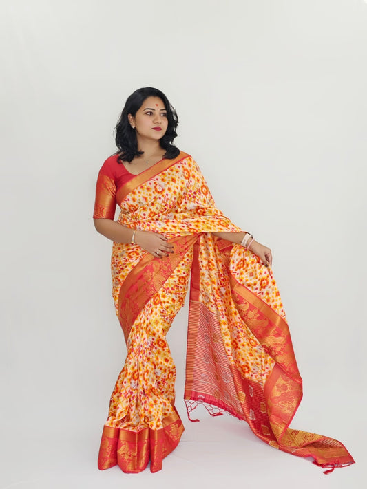 Raw Silk Saree with Ikkat Patola Print and Matching Blouse Piece for Women