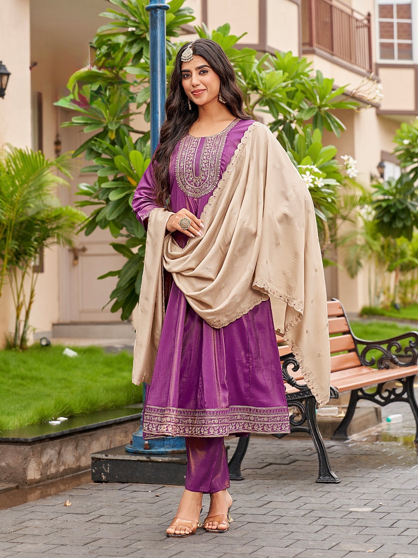 Plus Size Roman Shimmer Suit Set with Vichitra Dupatta – 3-Piece Ethnic Wear for Women (3XL, 5XL)