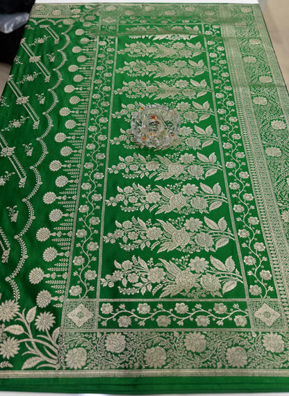 Mashru katan silk saree for women with Banarasi-style zari weaving and contrast brocade blouse piece