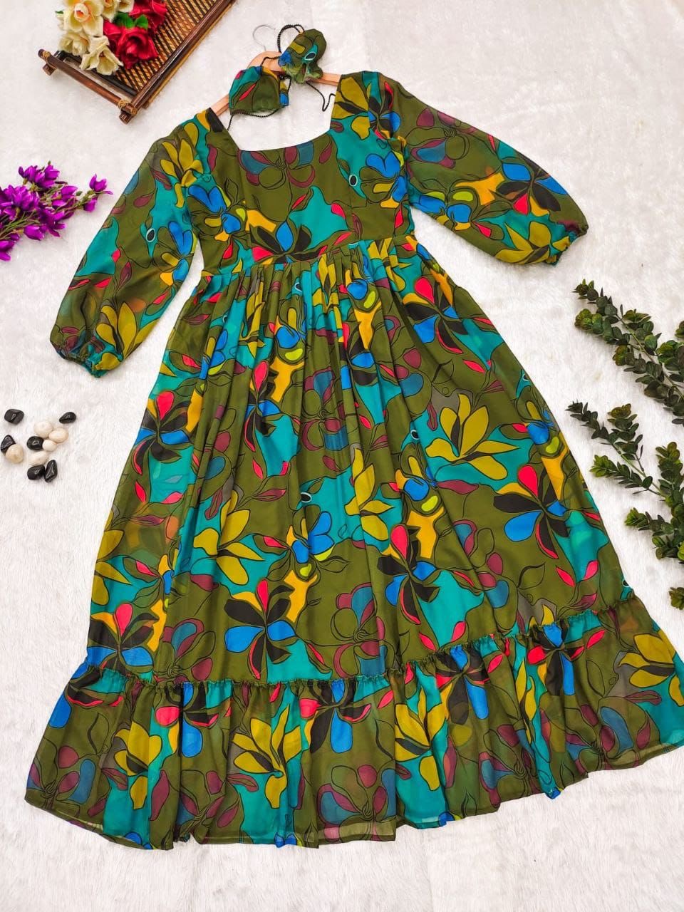 Women’s Floral Fox Georgette Maxi Dress with Frills – Sizes S to XXXL