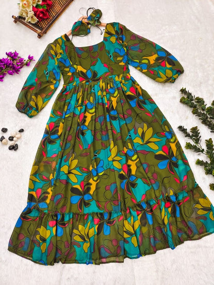 Women’s Floral Fox Georgette Maxi Dress with Frills – Sizes S to XXXL