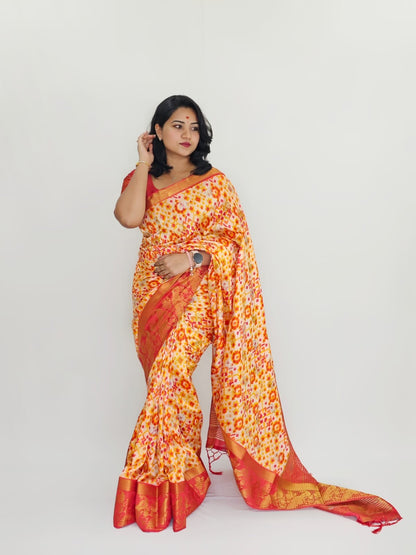 Raw Silk Saree with Ikkat Patola Print and Matching Blouse Piece for Women