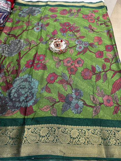 Silk blend printed saree with zari border and digital pallu print, 6.3m with running blouse, 6 color options
