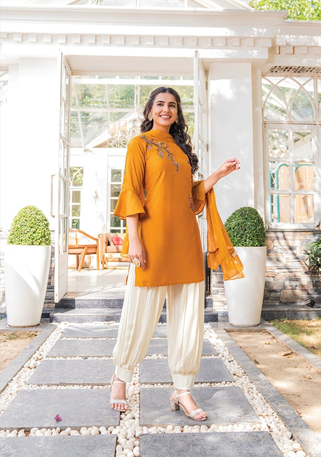 Bamber Silk Kurti Afghani Pant Dupatta Set with Embroidery and Chinon Chiffon Dupatta – Sizes L to 3XL