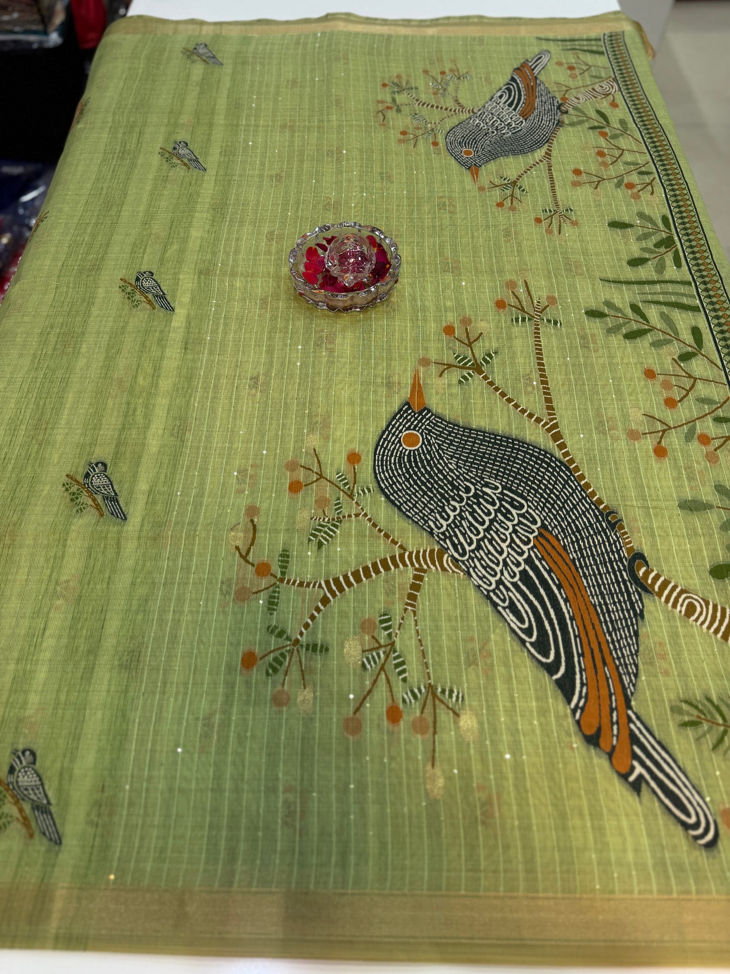 Ghicha cotton saree with bird motif pallu and tassel border, printed cotton saree for women