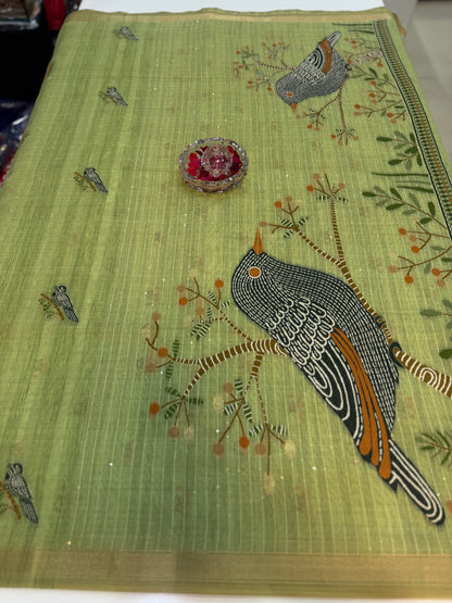 Ghicha cotton saree with bird motif pallu and tassel border, printed cotton saree for women