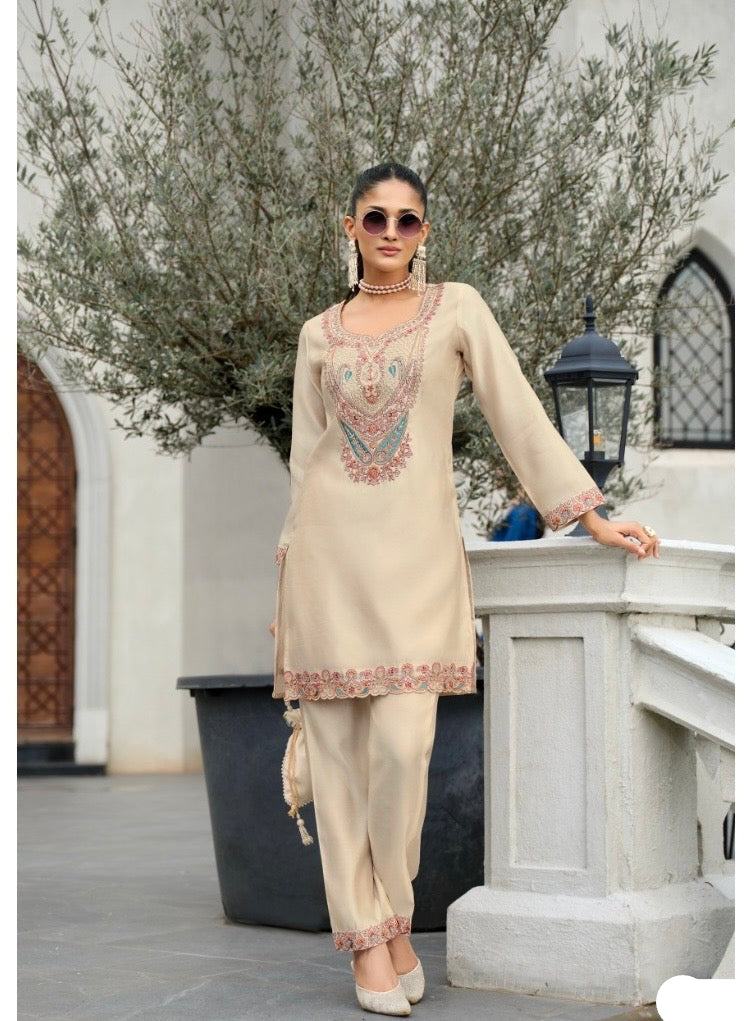 Pure Tussar Silk Co-Ord Set with Embroidery and Handwork – Festive Wear for Women in XL to 3XL