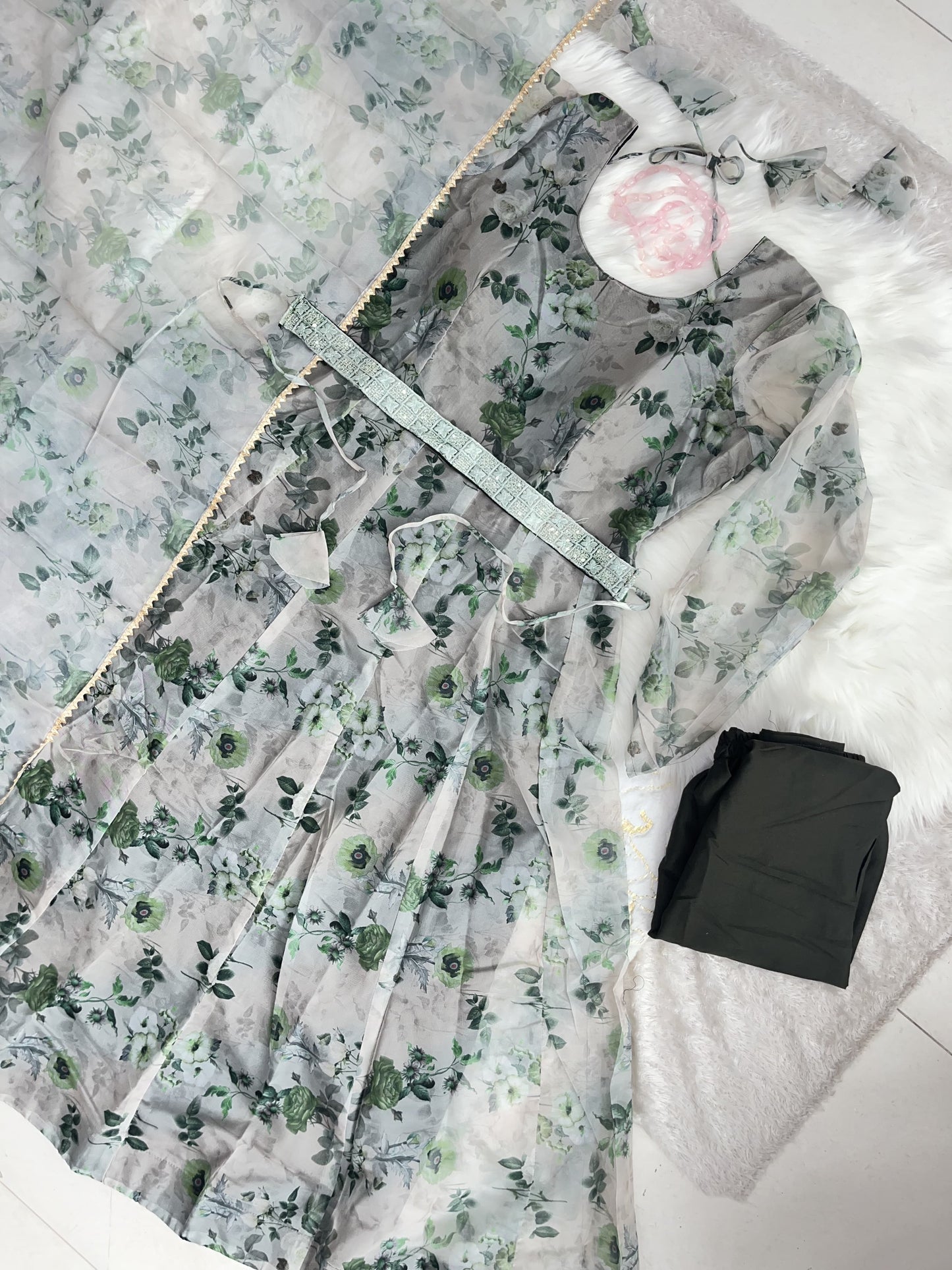 Organza Silk Anarkali Suit Set with Kali Cut, Canvas Patta, Cotton Pants and Dupatta for Women