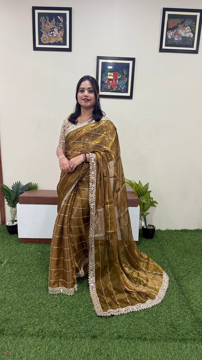 Soft Satin Organza Saree with Real Mirror Work Embroidery and Stitched Blouse – Festive Wear for Women