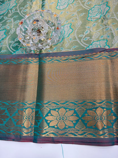 Bridal tissue saree for women with woven zari work and contrast border, kanchipuram style powerloom saree with blouse fabric