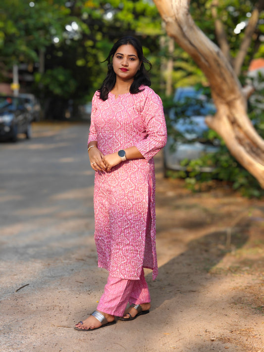 Pink Floral Printed Cotton Kurti with Pant Set for Women – Spring Wear, S to XXL, Daily and Casual
