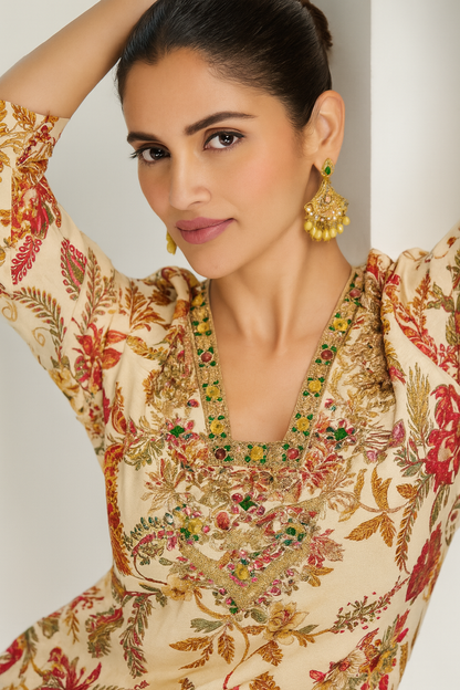 Natural Crepe Kurta Set with Mirror Handwork and Printed Viscose Dupatta – XL to 3XL Sizes