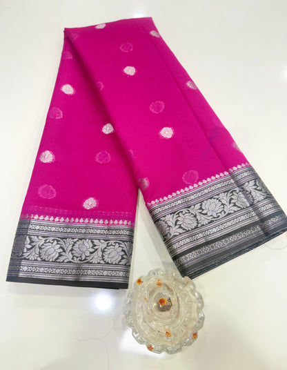 Banarasi semi georgette silk saree with silver zari buti design, contrast pallu and woven border for women