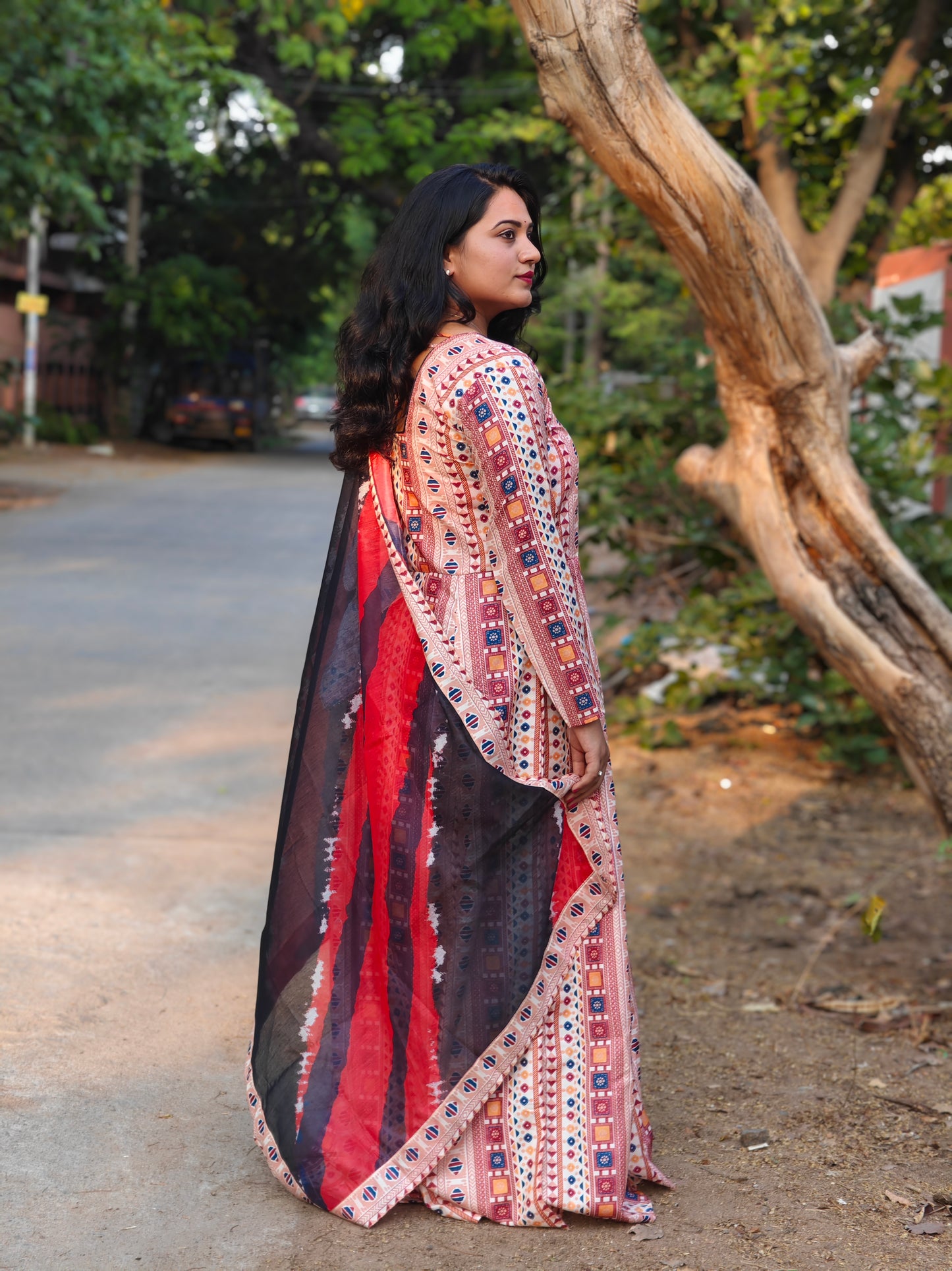 Poly Rayon Printed Gown with Gota Lace, Doori & Tassel – Chanderi Multicolour Dupatta – Sizes L to XXL