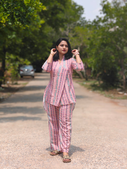 Pink Multicolor Printed Loungewear Co-Ord Set for Women – Relaxed Fit Top with Palazzo