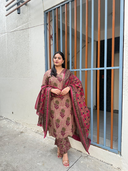 Cotton Printed Kurta Pant Dupatta Set for Women – Traditional Floral Design – Sizes 38–46