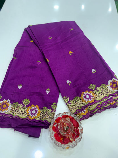 Matka Silk Saree with Embroidered Buttis, Cutwork Big Pallu, and All-Over Cutwork Panel