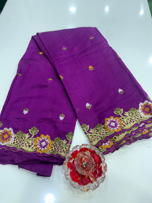 Matka Silk Saree with Embroidered Buttis, Cutwork Big Pallu, and All-Over Cutwork Panel