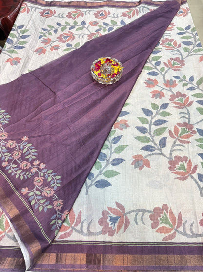 Raw tussar silk saree with smart floral design and soft marmo finish, printed border saree