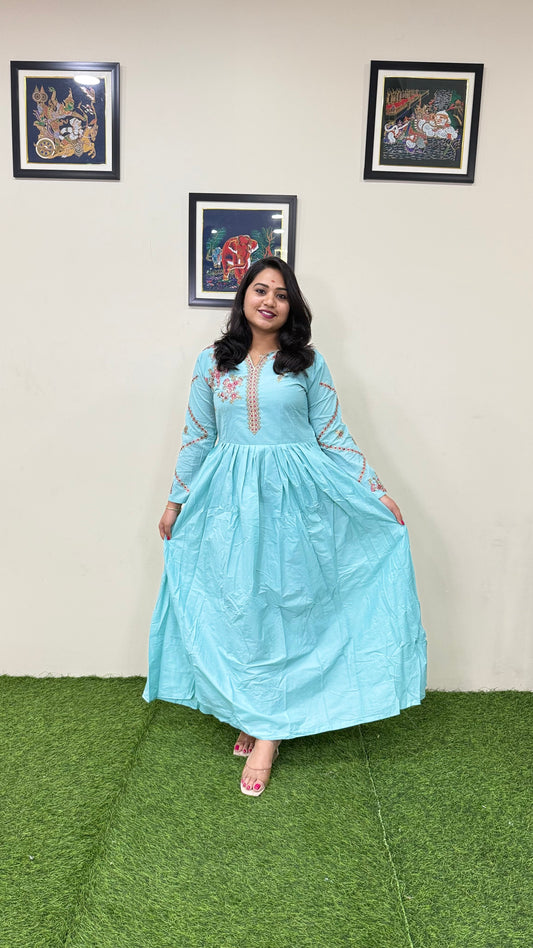 Muslin Silk Embroidered Gown for Women with Handwork and Malai Crepe Inner – 56+ Inch Length