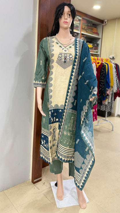 Linen silk kurta pant dupatta set for women with mirror and thread detailing, tribal print ethnic 3 piece set