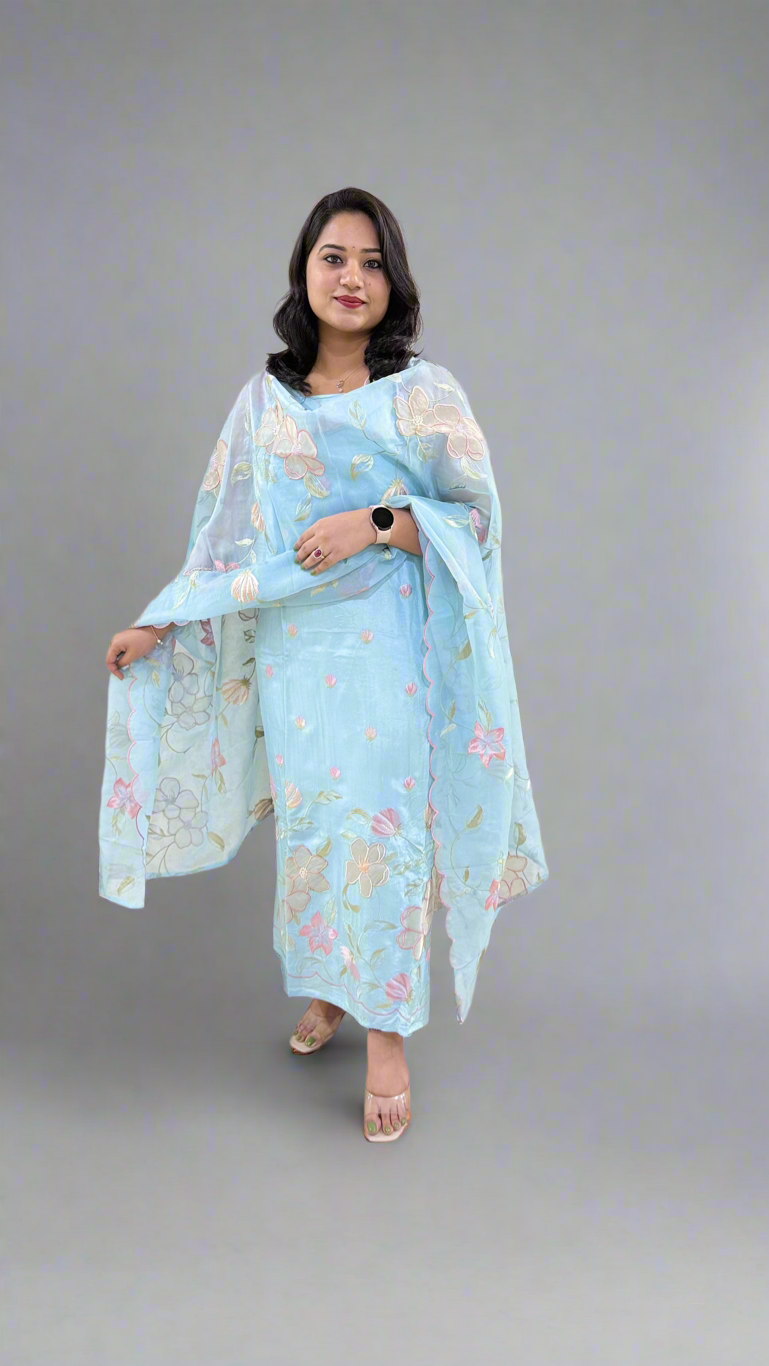 Unstitched Bamber Silk Suit with Resham Embroidery, 3D Patch Appliqué and Organza Dupatta