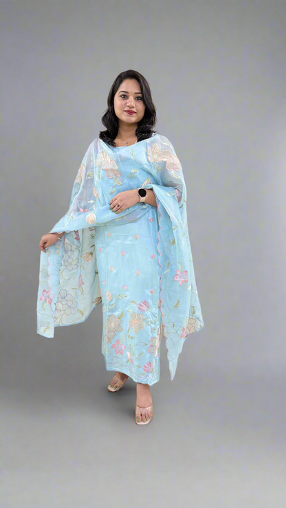 Unstitched Bamber Silk Suit with Resham Embroidery, 3D Patch Appliqué and Organza Dupatta